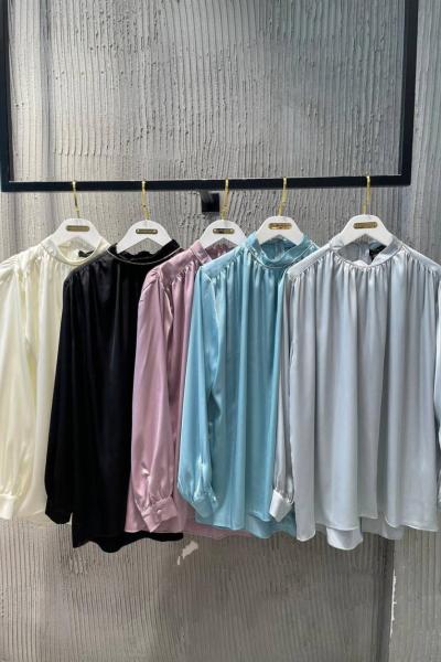 Ceremony Önü Büzgülü Yaka Taş Detaylı Saten Bluz Lila