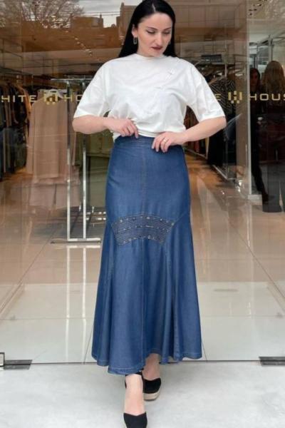 Ceremony Boncuk Taş İşlemeli Denim İspanyol Tencel Etek Kot (Denim)