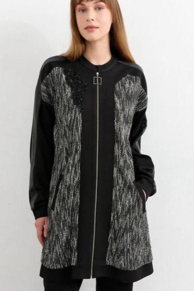 Esmira Fashion Kırçıllı Deri Detay Ceket Siyah