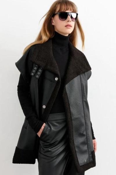 Otto Kruvaze Deri Yelek Siyah