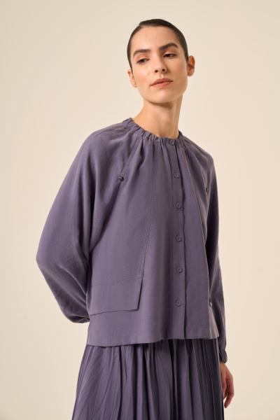 Ceremony Yakası Lastikli Büzgülü Önden Düğmeli Pasıon Bluz İndigo