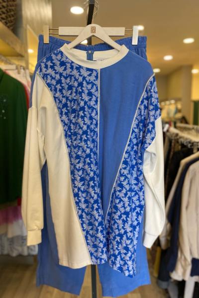 BM İstanbul Taş Detaylı Karışık Desen Takım Mavi