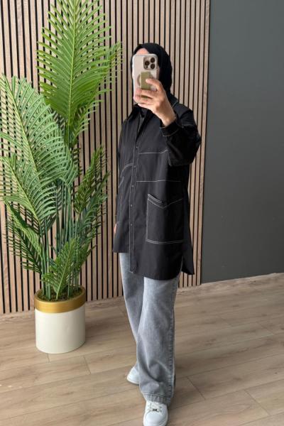 Ceremony Önden Düğmeli İki Cepli Üstten Siyah Dikişli Uzun Gömlek Siyah