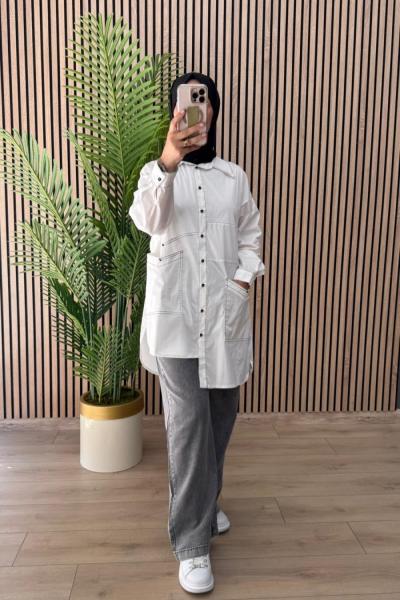 Ceremony Önden Düğmeli İki Cepli Üstten Siyah Dikişli Uzun Gömlek Beyaz