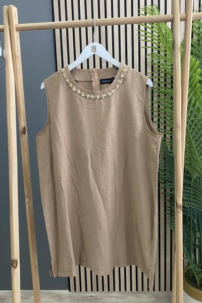 Ceremony Ceremony Yakası Taş İşlemeli Kolsuz Tencel Bluz Kahverengi