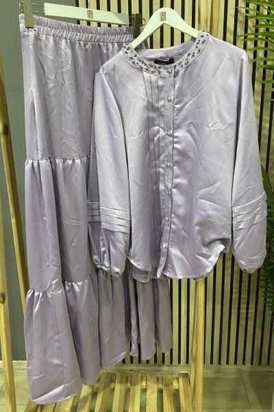 Ceremony Tuniği Zımba Detaylı Saten Etek Takım Lila