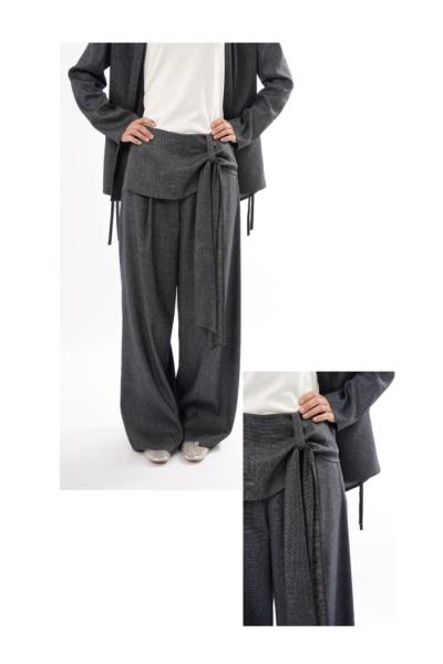 Ceremony 2026 Yaz Keten Denim Önden Bağlama Detaylı Bol Paça Pantolon Lacivert