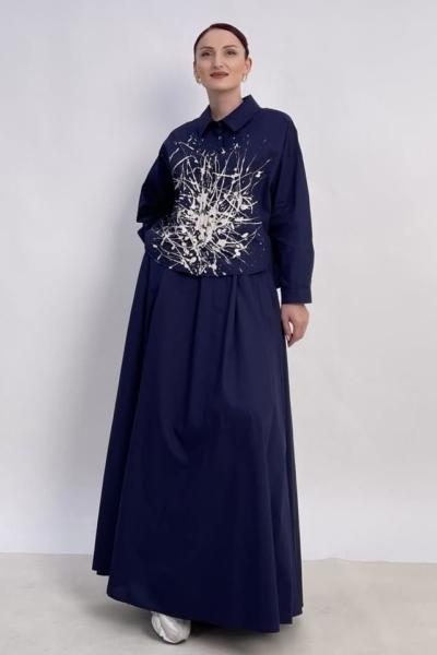 Ceremony 2026 Yaz Önü Sıçratma Boya Baskılı Paper Touch Etekli Takım Lacivert