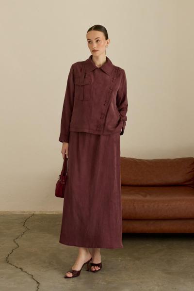 Hilay Piana Kruvaze Kaplama Düğmeli Etekli Takım Mürdüm