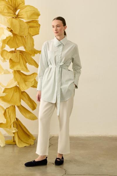 Hilay Linens Seyyar Kuşaklı Çizgili Pamuk Gömlek Mint Yeşili