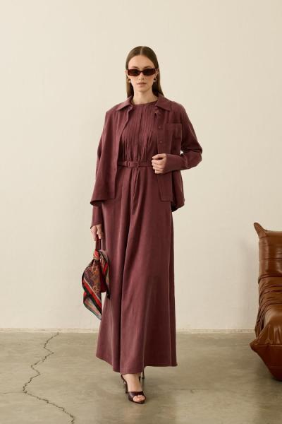 Hilay Bella Pileli Asimetrik Kesim İçlik Elbiseli Takım Mürdüm