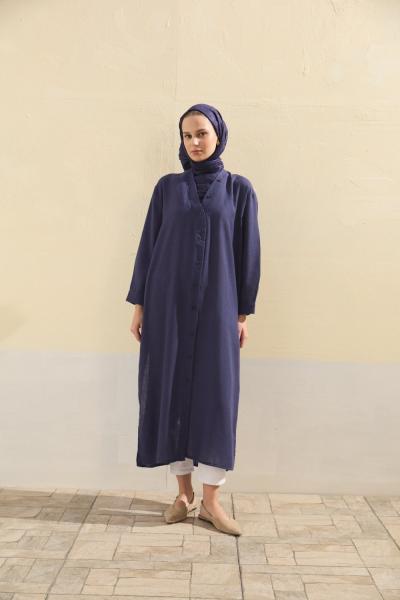 Merwish 2026 Yaz Düğmeli Uzun Keten Gömlek Lacivert