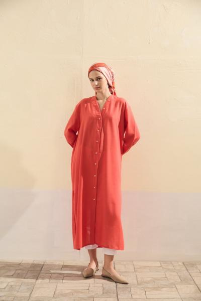 Merwish 2026 Yaz Düğmeli Uzun Keten Gömlek Nar Çiçeği