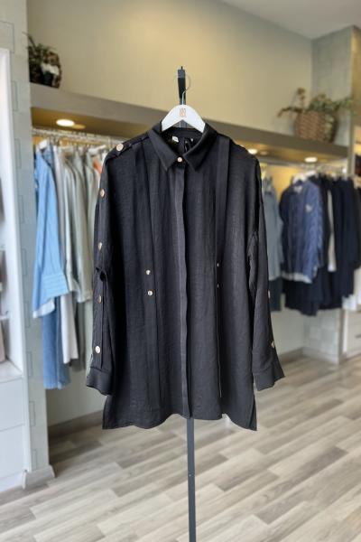 Ceremony 2026 Yaz Kolları Çıtçıt Detaylı Önleri Parçalı Gizli Patlı Safir Tunik Siyah