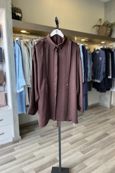 Ceremony 2026 Yaz Kolları Çıtçıt Detaylı Önleri Parçalı Gizli Patlı Safir Tunik Kahverengi