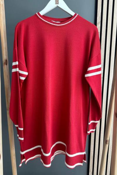 Şirin Kolu Çizgili Merserize Tunik Kırmızı