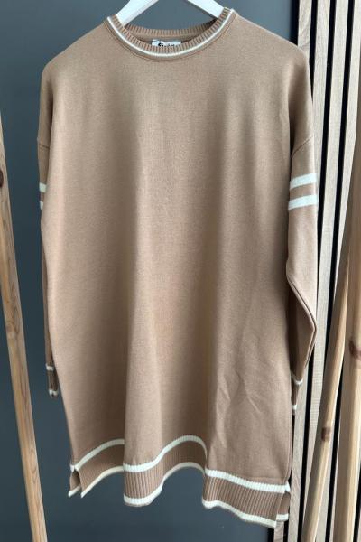 Şirin Kolu Çizgili Merserize Tunik Camel