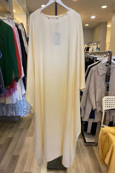 Ceremony Yakası Ve Kolları Taş İşlemeli Abaya Ekru